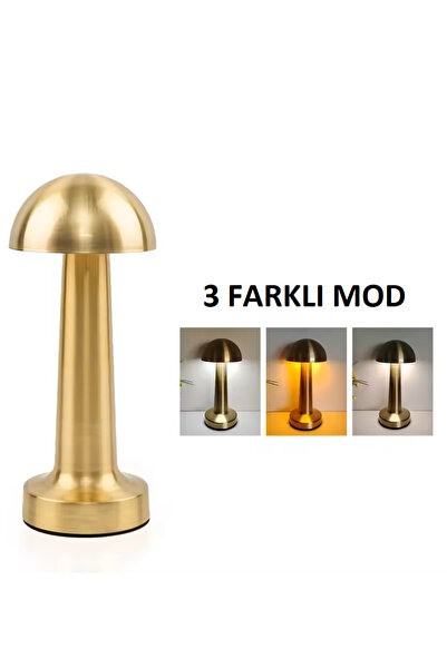 ENZE LİGHTİNG Dekoratif Metal Gold Renk Mantar Kablosuz Şarjlı Dokunmatik Masa Lambası (3 RENK MOD)