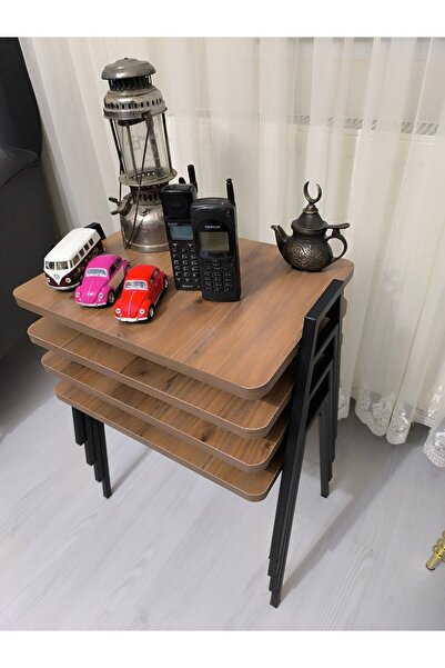 atölye ali antal Cezeri Tepsi Sehba 4'lü Zigon Seti Metal Ayak Boyali Ceviz G...