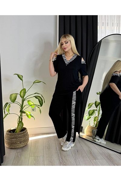 fly just Women's Plus Size V-Neck Sleeve Detailed Printed Black Two-Piece Suit