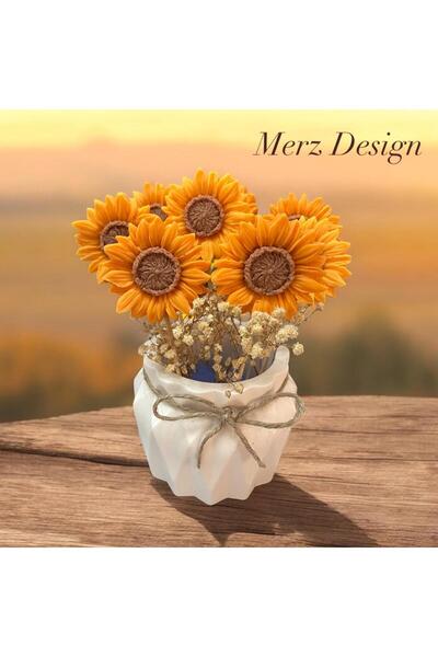Merz Design Decor Dekoratif Beton Saksıda %100 Doğal Soya wax Ayçiçeği Mum Bu...