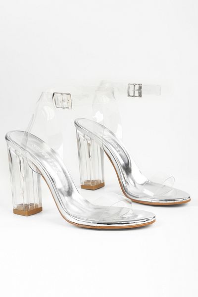 Shoeberry Srebrne buty damskie na obcasie - przezroczysty design