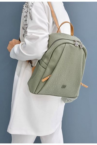 çantamgelsin Just Polo Women's Green 9 Compartment Embossed Printed Backpack and Wallet Combination