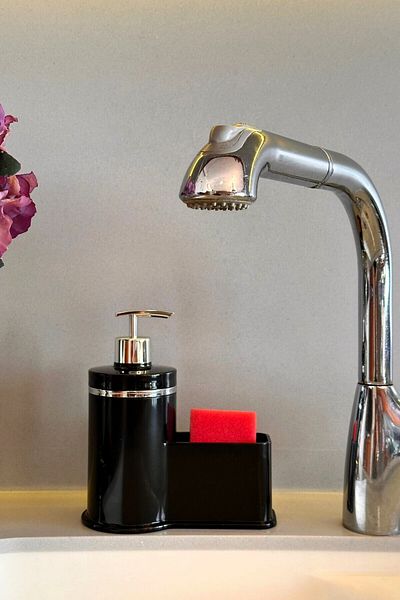 Makri Stylish Silver Detailed Liquid Soap Dispenser with Sponge Holder for Kitchen or Bathroom, Domestic Production