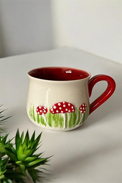 Home Çini Seramik Mantar Desenli Kupa El İşçiliği Bardak Duble Kahve Fincanı