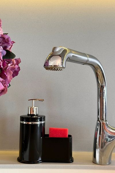 Makri Stylish Silver Detailed Liquid Soap Dispenser with Sponge Holder for Kitchen or Bathroom, Domestic Production