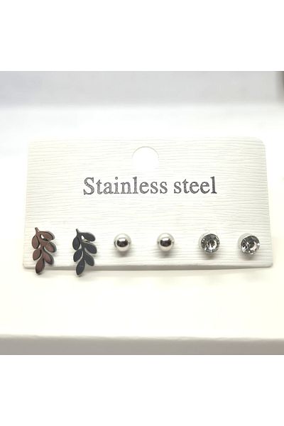 Set Stainless Steel (3 Pairs) Earring Set (Zircon Solitaire - Ball - Leaf)