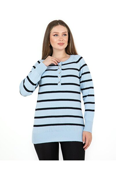 Sortie Blue Striped Wide Placket Collar Sweater