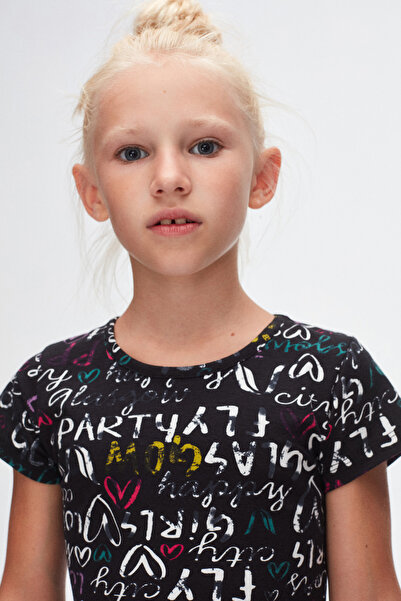 LOVETTI Siyah Kız Çocuk Glasgow Desen Kısa Kol Kloşe Etek Elbise