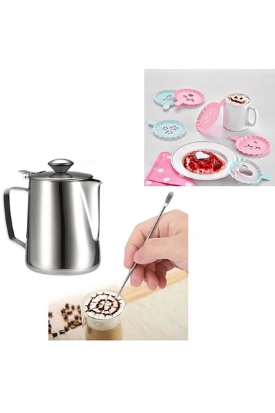 adin tasarım Latte Set 6 Milk Pot with Lid 500 ml + Latte Art Pen Stick Latte Template Coffee Pot Latte Art