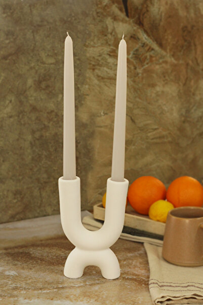 SANAT SEPET İŞLERİ Beyaz İskandinav Tarzı Büyük 2 Kollu Beton Şamdan - 2'li Ş...