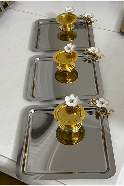 Elzemm store ÇELİK KARE BEYAZ ÇİÇEKLİ SUNUM TEPSİSİ VE GOLD MAKARONLUK 3 LÜ T...