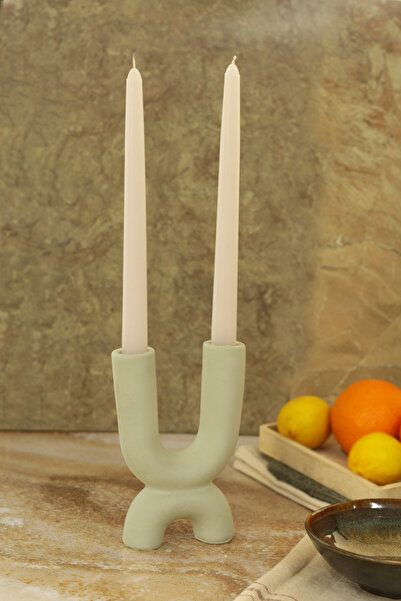 SANAT SEPET İŞLERİ Haki İskandinav Tarzı Büyük 2 Kollu Beton Şamdan - 2'li Şa...