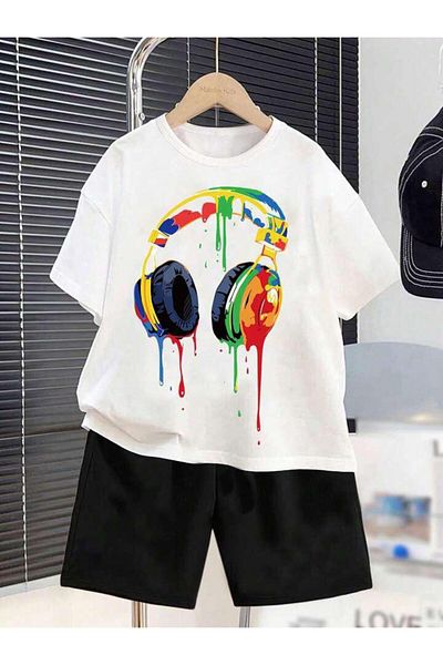 vinraus Girl's White-Black Paint Headphones Printed Shorts-Tshirt Set