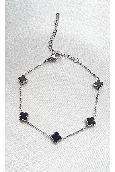 ERKA AKSESUAR Siyah Mineli Mini Yonca Çelik Bileklik