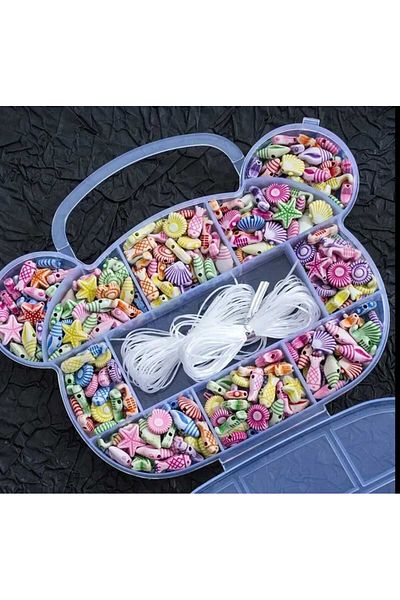 yiğit aksesuar Sea Figures in Box with Teddy Bear Pastel Beads Set Jewelry Making Supplies