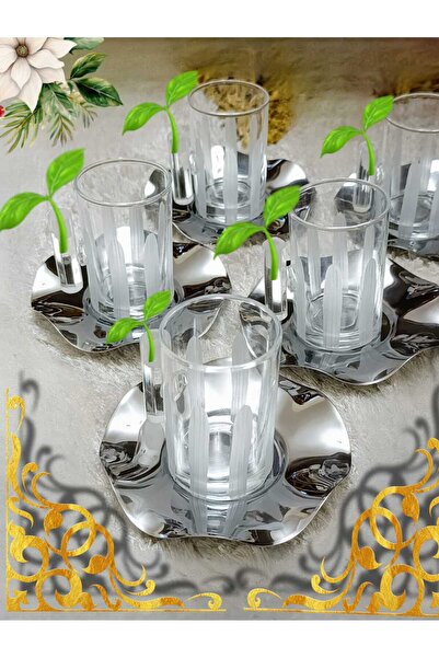 Eslim Dekor Işleme Kulplu Bardak Metal Tabak Mırra Set 18 Parça