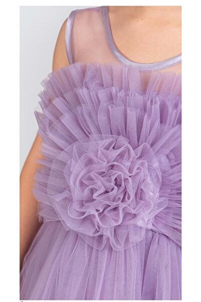 Mnk Baby&Kids Uzun Etekli , Askılı Kız Cocuk Gül Motif Abiye Elbise M00670 LİLA