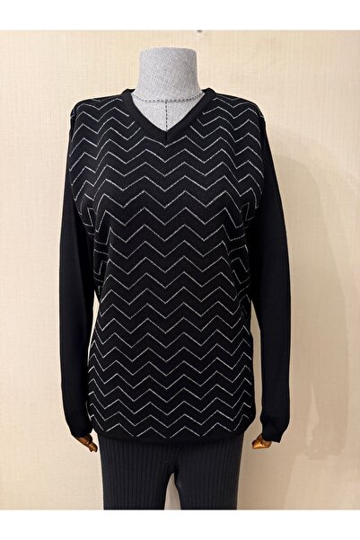 MBT TRİKO Simli Desenli TEKTRİKO V Yaka Bluz / Siyah