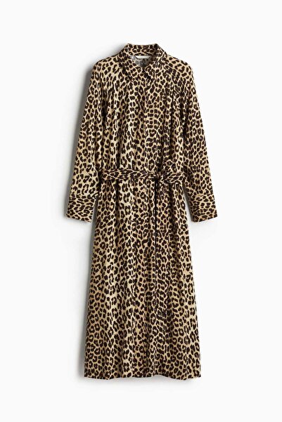 H&M فستان قميص من الفيسكوز مع حزام ربطة عنق