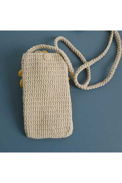 Kadın Girişimciler Atölyesi Ayçiçeği Motif Detaylı Handmade Örgü Telefon Çantası % 100 Cotton Trend Kadın El Çantası