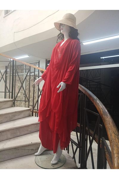 Bohem Stil Bluză oversize din caftan infinit din mătase italiană - Set pantaloni asimetrici