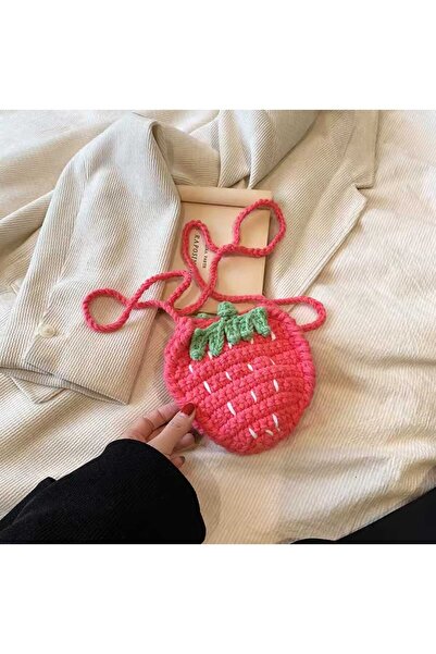 Kadın Girişimciler Atölyesi Çilek Desen Viral Çanta Amigurumi Handmade Örgü  % 100 Cotton Trend Çanta