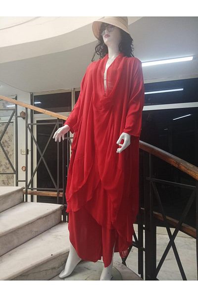 Bohem Stil Bluză oversize din caftan infinit din mătase italiană - Set pantaloni asimetrici