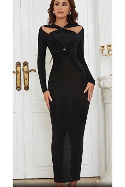 Moka Shopin Mokashopin Women's Cross Shoulder Low-Cut Buckle Detail Deal Product Maxi Length Dress