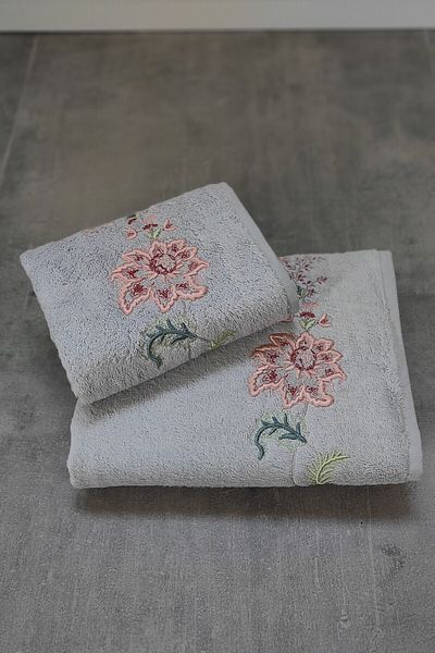 Sevim Tivoli Bamboo 2-Piece Bath Towel, - Soft & High Water Absorbent - Floral Embroidered Dowry Set - Julia Gray