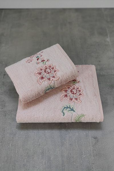 Sevim Set de prosoape din 2 piese Tivoli Bamboo Soft & High Absorbant de apă - Set de zestre brodate cu model de flori - Julia Powder