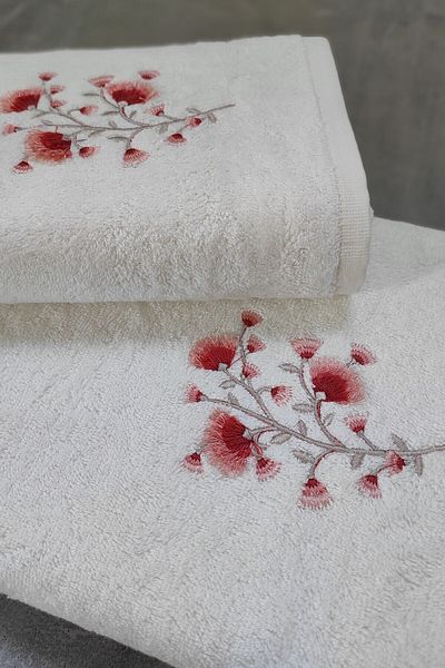 Sevim Set of 2 Bath Towels - Bamboo & Embroidered Bath Towel Set - Dowry Set of 2 - Tivoli Lisette - Ecru