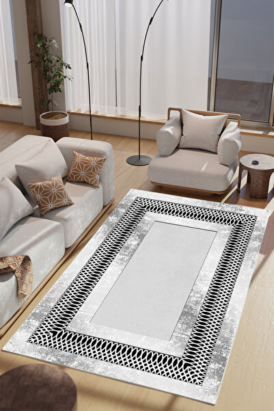 Charmbi Gümüş Adab Desenli Makinede Yıkanabilir Salon Halısı Yatak Odası Halı...