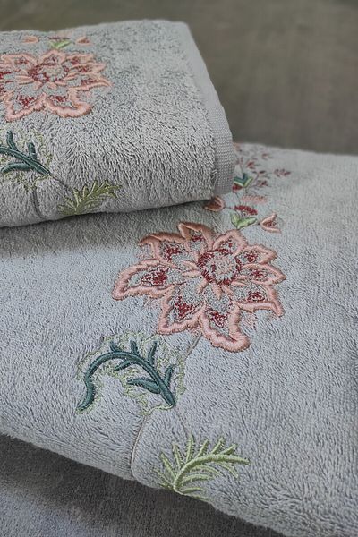 Sevim Tivoli Bamboo 2-Piece Bath Towel, - Soft & High Water Absorbent - Floral Embroidered Dowry Set - Julia Gray