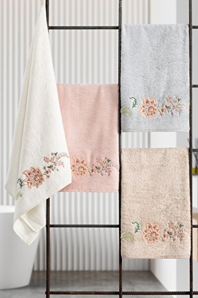 Sevim Σετ πετσετών Tivoli 2 τεμαχίων με κεντημένα λουλούδια - Bamboo Julia Cappuccino