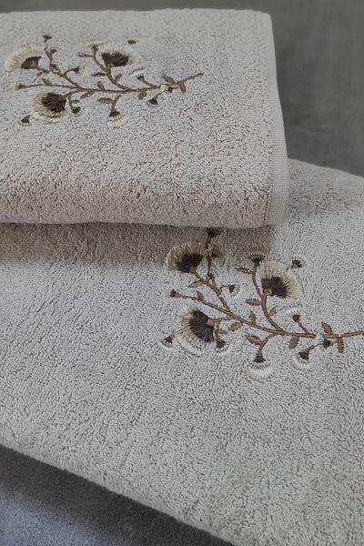 Sevim Bamboo Bath Towel Set - Soft and Embroidered Dowry Set of 2 - Tivoli Lisette Cappuccino