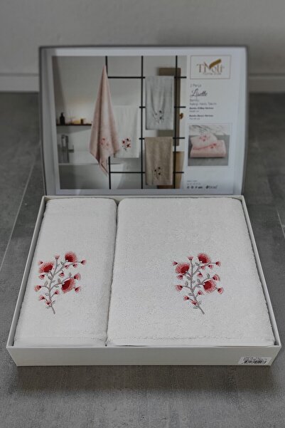 Sevim Set of 2 Bath Towels - Bamboo & Embroidered Bath Towel Set - Dowry Set of 2 - Tivoli Lisette - Ecru