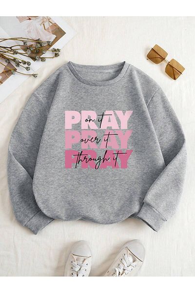 MODARİCH Pray Pray Pray Winter Sweatshirt - Gray Printed Oversize Raised Crew Neck