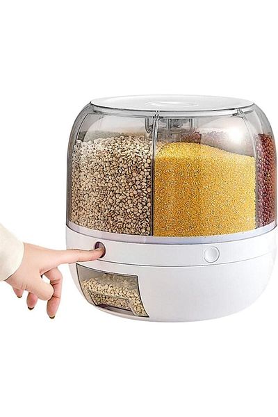 6-Grid Rotating Rice Dispenser, Sealed Grain Storage Box, Kitchen Organizer - White