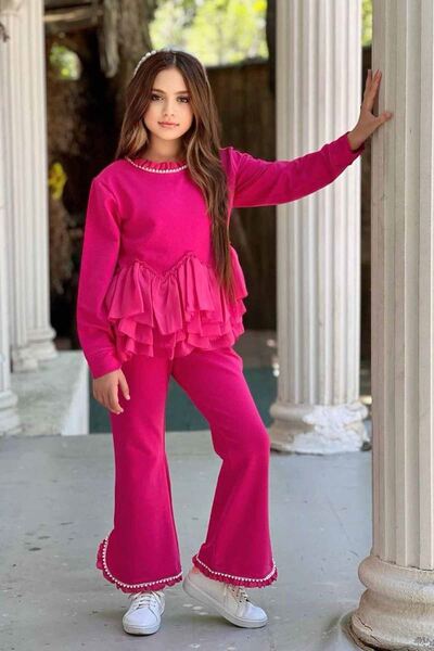 Minigimin Cicileri Stone Detailed Girl's Set with Slit Pants - Fuchsia