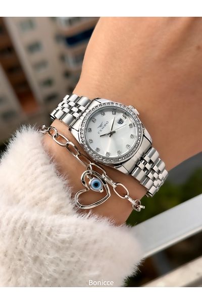 FERRO Brand Silver Color Steel Band with Rhinestone Small Case Women's Wristwatch Heart Bracelet