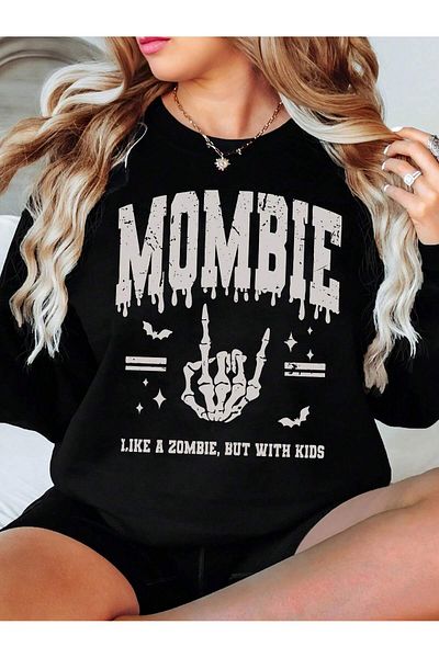 MODARİCH Mombie Winter Sweatshirt - Black Oversize Raised, Crew Neck Printed
