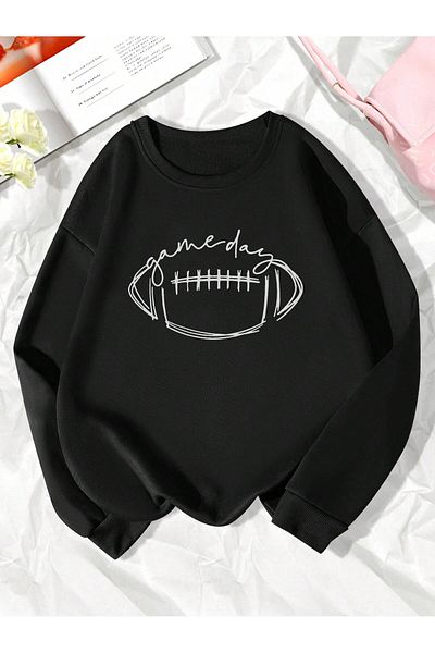 MODARİCH Winter Oversize Sweatshirt - Black, Printed, Raised, Crew Neck