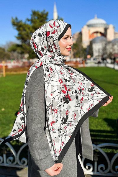 EVERMORE Fresh Shawl - Ανοιξιάτικο μοτίβο - EM001-08 - Γκρι, Μπορντό