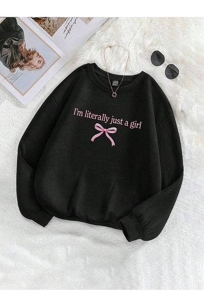 MODARİCH Just a Girl Winter Sweatshirt - Black Printed, Oversize Raised, Crew Neck