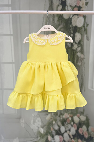 Bertuğ Bebek Dantel Yaka Şile Bezi Kız Çocuk Bebek Sarı Pamuklu Elbise
