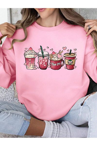 MODARİCH True Love Coffee - Winter Pink Printed Oversize Crew Neck Sweatshirt
