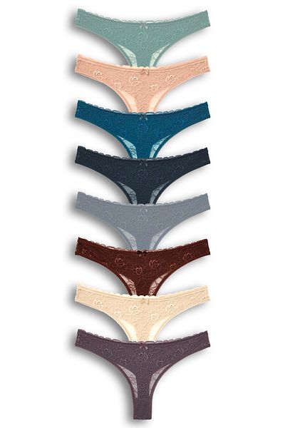 HNX 8-Piece Front Lace Back Double Layer Cotton Thong Women's Panties