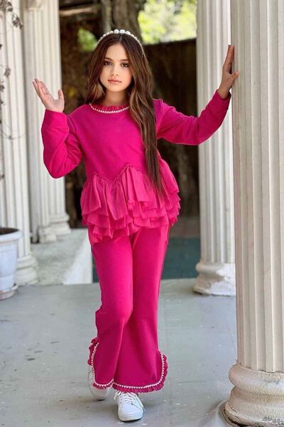 Minigimin Cicileri Stone Detailed Girl's Set with Slit Pants - Fuchsia