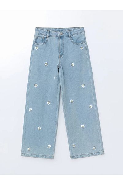 LC Waikiki Pantaloni pentru fete LCW Kids Indigo cu talie elastică reglabilă cu broderie de flori