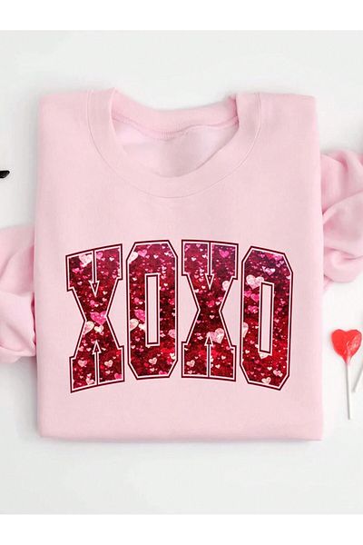 MODARİCH Xoxo Winter Sweatshirt - Pink Printed Oversize Raised Crew Neck